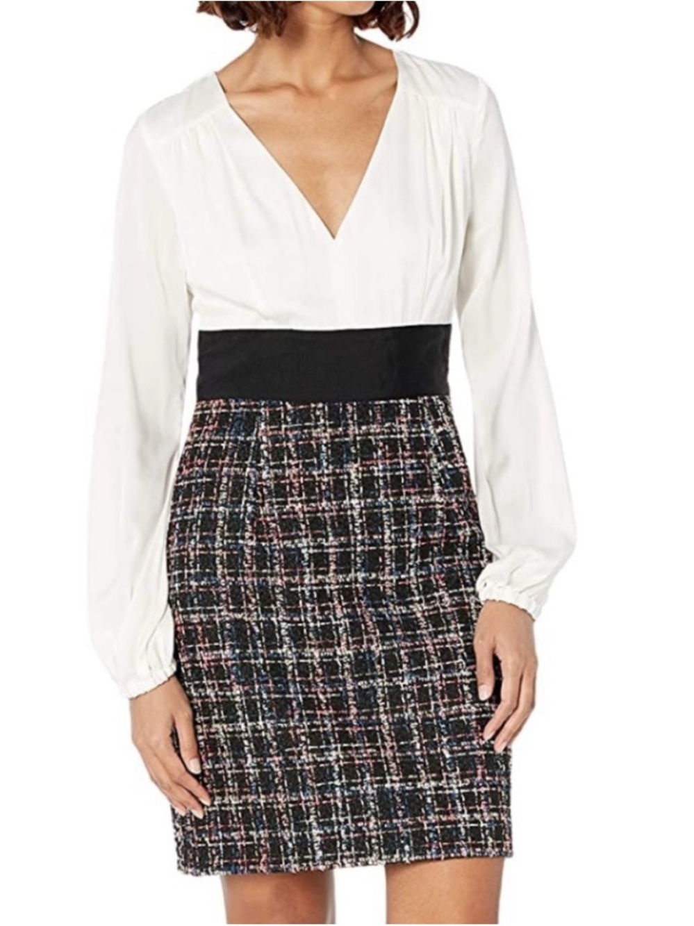 Milly Dress with natural silk top and tweed bottom.